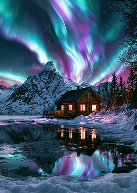 Cabin Under Aurora Borealis