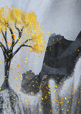 fantasy fall tree on waterfalls