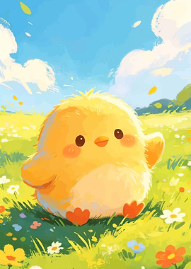 Cute Chick in a Field of Flowers
