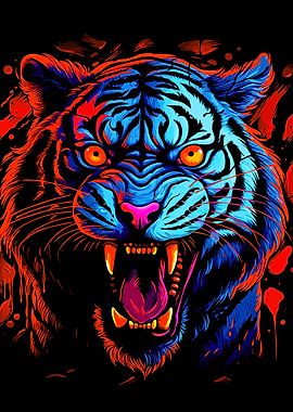 Aggressive Blue and Red Tiger Roaring