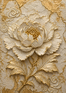 Textured Gold and White Peony Relief