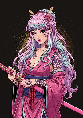 Samurai Woman with Pink Kimono and Katana