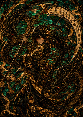 Anime Girl with Scythe and Dragons
