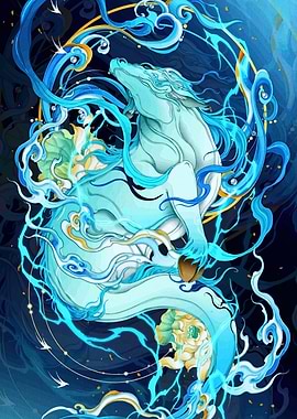 Mythical Water Dragon with Flowers