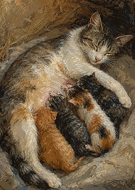 Mother Cat Nursing Kittens
