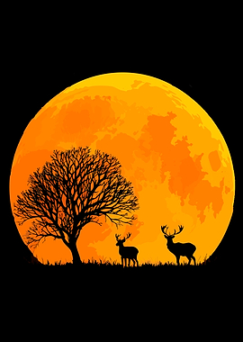 Deer under a large orange moon