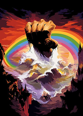 Rainbow Rising Giant Fist Emerging from Waves with Rainbow