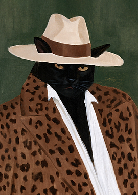 Black Cat in Fedora and Leopard Print Jacket