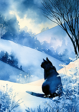 Black Cat in Snowy Landscape