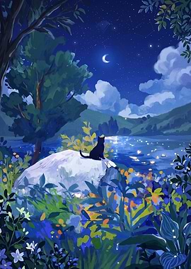 Black cat on rock at night
