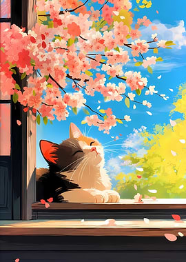 Cat Enjoying Cherry Blossoms