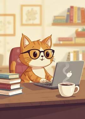 Cat Working on Laptop with Coffee