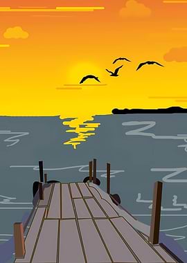Sunset over the ocean with a pier