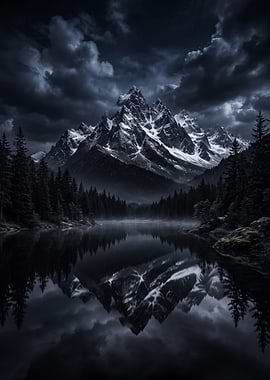 Dramatic Mountain Lake Reflection Dark Aesthetic poster