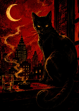 Black Cat on a City Rooftop at Night