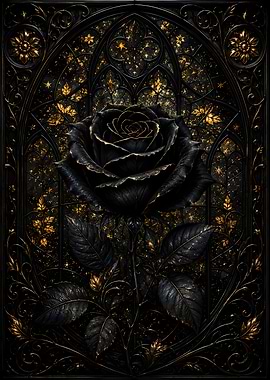 Black Rose with Golden Ornate Background