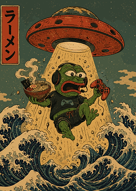 Retro Pepe Frog UFO Ramen Gamer Poster Japanese Wave Sci-Fi Wall Art
