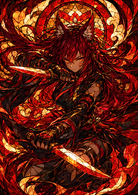 Anime Girl with Knives in Stained Glass Style