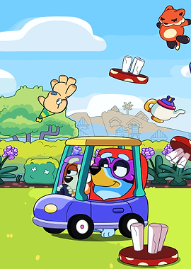Bluey and Bingo in a Golf Cart