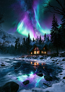 Cozy Cabin Under Aurora Borealis