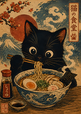 Black Cat Eating Ramen