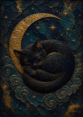 Black Cat Sleeping on Crescent Moon