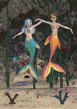 Two Mermaids Dancing Underwater