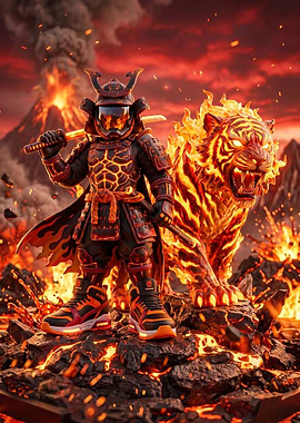Samurai Warrior with Fiery Tiger