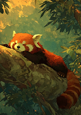 Red Panda Sleeping on a Tree Branch