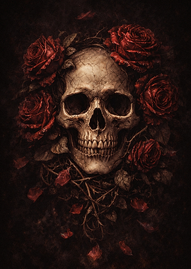 Skull surrounded by red roses