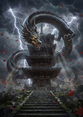 Dragon Over Japanese Pagoda
