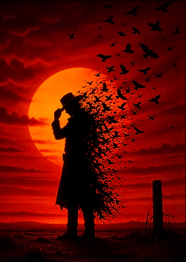 Cowboy Dissolving into Birds at Sunset