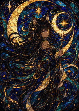 Celestial Wolf Girl Stained Glass