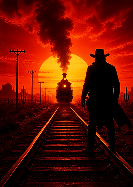 Cowboy and Train at Sunset