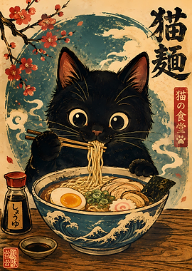 Black Cat Eating Ramen