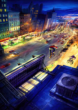 Downhill Domination riders in a city at night