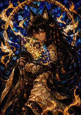 Anime Girl with Fan in Stained Glass Style