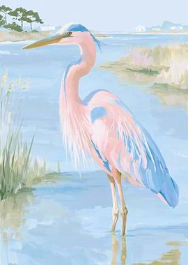 Pink and Blue Heron in Water
