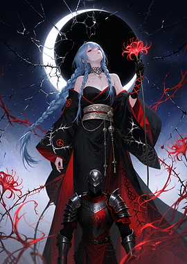 Gothic Woman and Knight Under Cracked Moon