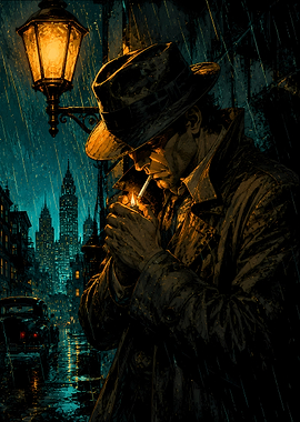 Noir Detective Lighting Cigarette in Rain