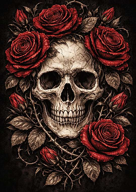 Skull Surrounded by Red Roses