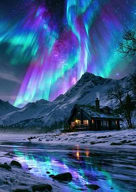 Aurora Borealis over Snowy Cabin