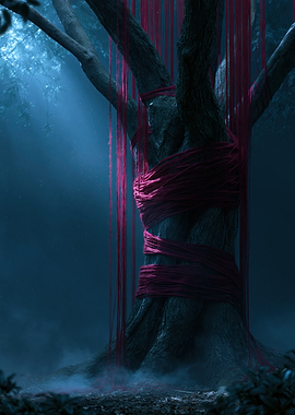 Mysterious Tree with Red Ribbons