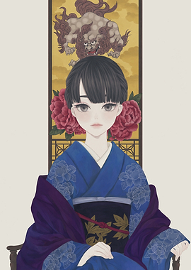 Woman in Blue Kimono with Peonies