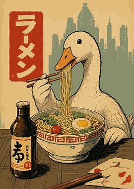 Goose Eating Ramen Japanese Street Art Poster | Cute Animal Kitchen Wall Art