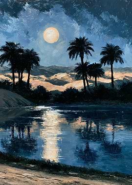 Moonlit Desert Oasis with Silver Palm Reflections