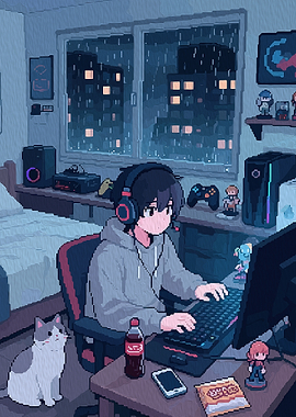 Gamer Boy and Cat on Rainy Night