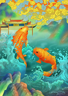 Koi Fish in Water with Asian Scenery
