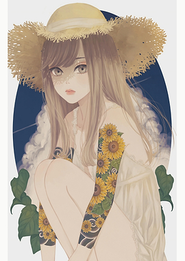 Girl with Sunflower Tattoos and Straw Hat
