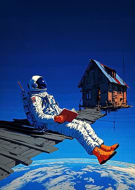 Astronaut reading a book in space